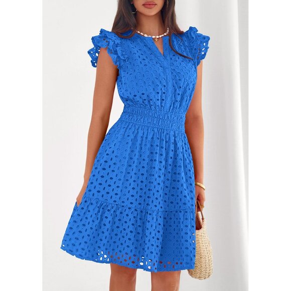 Women's Blue V Neck Eyelet Cap Sleeve Summer Beach Vacation Sundresseses - Picture 3 of 8